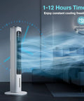 Turbocharged Evaporative Air Cooler Tower Fan With Remote in bedroom setting, showcasing 1-12 hour timer and ultra-quiet operation.