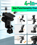 Lighted Magnifying Glass With Stand And Clamp Arm showing various clamp attachments and uses in a workspace setting.