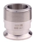 1.5-inch tri-clamp to MNPT sanitary pipe fitting ferrule, stainless steel, close-up view