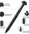 Heavy Duty Exterior Wood Lag Screws Set 43 Pieces 5.5x50mm Black Coated Hex Washer Head Rust Resistant For Decks Patios Pergolas Outdoor Furniture Cabinets Shelves Chests And All Outdoor Woodworking Projects, close-up view with features labeled.