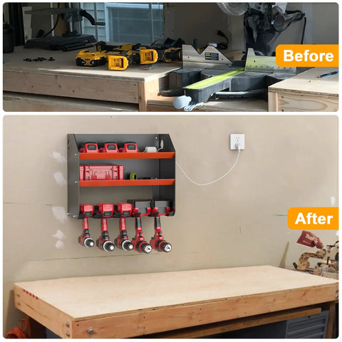 Before and after of workshop with Heavy Duty Wall Mount Drill Organizer And Cordless Tool Storage Rack installed, holding tools neatly.