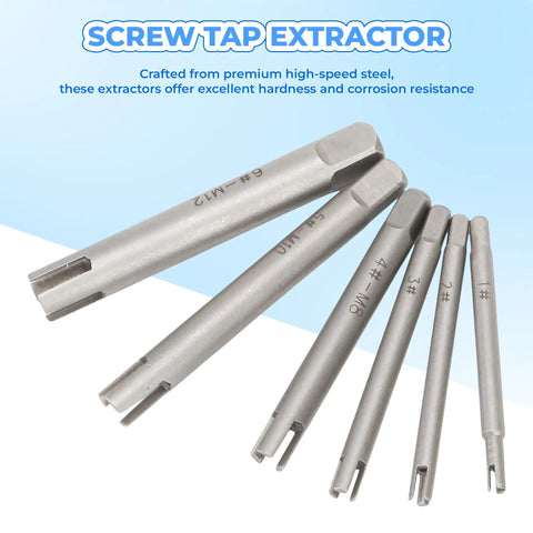 Six Piece Tap Extractor Set for Stripped Screws and Bolts, High Speed Steel Three Quarter Inch Flute Remover Tool