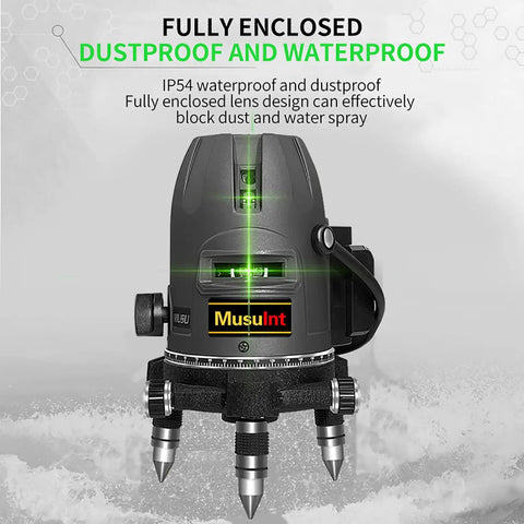 Five Line Laser Level With 360 Self Leveling, green beam and rotating base, showing dustproof and waterproof features with plumb points.