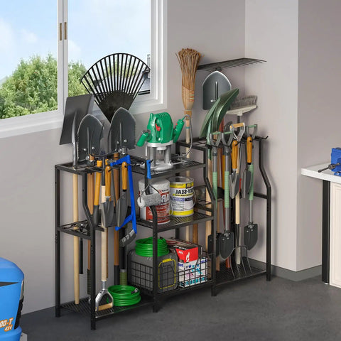Three Tier Garden Tool Organizer Rack Heavy Duty Utility Stand With Shelves Slots Baskets And Hooks For Garage Shed Yard Basement Indoor Storage