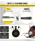 50 FT x 1/2 IN Core Cable comparison showcasing Heavy Duty Electric Drain Snake Machine Plug Busting Powerhouse.