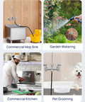 Heavy Duty Wall Mount Mop Sink Faucet With Vacuum Breaker Eight Inch Center Three Quarter Inch Hose Thread shown in various settings.