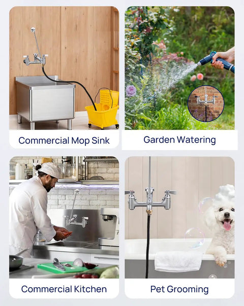 Heavy Duty Wall Mount Mop Sink Faucet With Vacuum Breaker Eight Inch Center Three Quarter Inch Hose Thread shown in various settings.