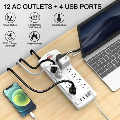 12 Outlet Power Strip With 4 USB Ports, 6 Ft Heavy Duty Extension Cord, 2700 Joules Surge Protector with Overload Protection in use