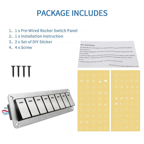 Package contents for 8 Gang Aluminum Rocker Switch Panel Waterproof Toggle Panel including pre-wired switch, screws, and stickers.