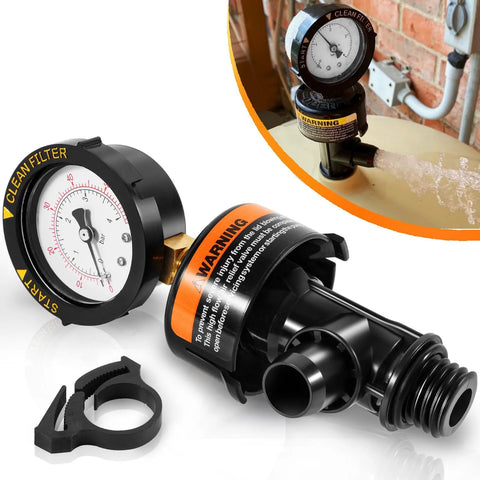 High-flow manual air relief valve with pressure gauge for pool filter; top-mount, black plastic with orange warning label