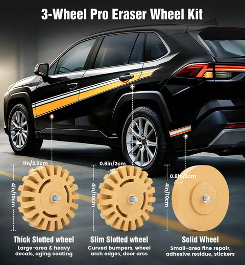 Eraser Wheel Decal Remover Tool Kit with 3 upgraded rubber wheels beside a black SUV, showing removal uses.