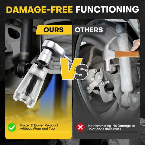 Comparison of 5 In 1 Ball Joint Separator Kit With Pitman Arm Puller And Tie Rod End Tool Set showing damage-free functionality