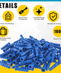Pile of 1000 blue ribbed plastic drywall anchors for hollow walls and concrete fastening