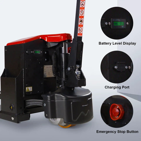 Heavy Duty 4400 Lb Electric Pallet Jack Truck With 48 By 27 Inch Forks, Built In Lead Acid Battery, ergonomic control handle details.