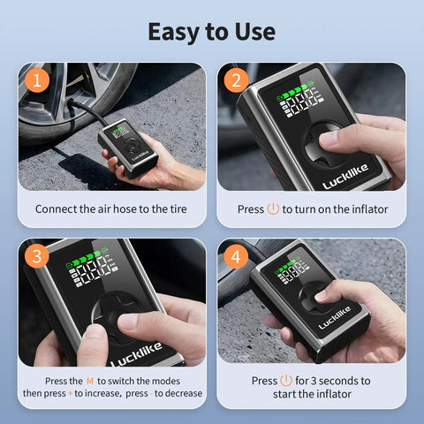 Steps to use Portable Tire Inflator Air Compressor 150 PSI Cordless Pump With Gauge And LED Light 5X Faster Inflation For Car Motorcycle Bike And Balls Auto Accessories shown in four images.