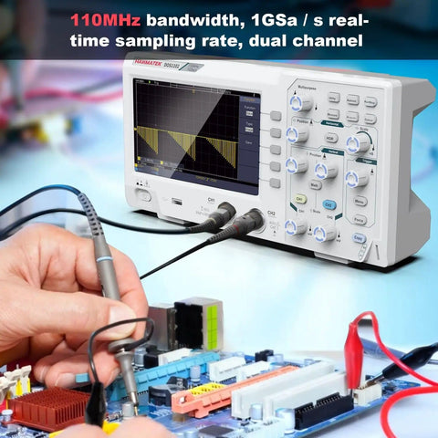 Person using Dual Channel 110 MHz Digital Oscilloscope with 7 Inch TFT LCD Screen, Portable Pro Scope Kit on a circuit board