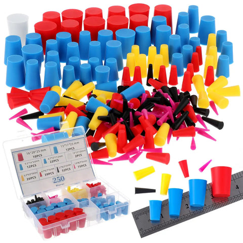 250 Pcs Rubber Silicone Tapered Plugs Kit With 9 Sizes And 8 Styles, Storage Box Included, DIY Ready Pro Grade For Coating
