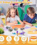 DIY Button Maker Kit 2.16 Inch Pin Press Machine Set With 48 Button Parts for Custom Badges, shown with children crafting.