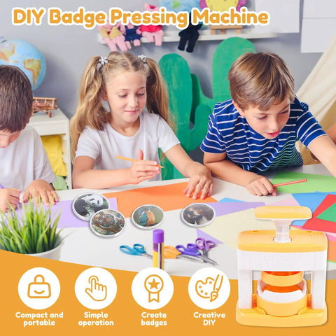 DIY Button Maker Kit 2.16 Inch Pin Press Machine Set With 48 Button Parts for Custom Badges, shown with children crafting.