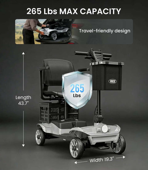Go-To Long Range Folding Mobility Scooter For Seniors And Adults, 28.5 Mile Electric Power Ride, 265 Lbs Capacity shown folded