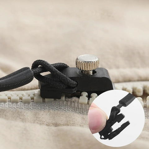 Zipper Repair Kit With Slider Fix Tool Quick Zip Replacement Instant Zipper Mending Set on jacket zipper close-up