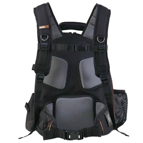Back view of Arsenal 5843 Tool Backpack With Dual Compartments For Pros, Heavy Duty 1200D Ballistic Polyester, padded straps, black