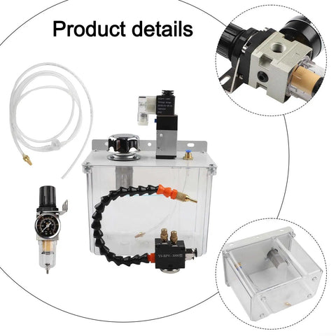 Straight Up Pro Grade 24V Coolant Pump And Oil Mist Sprayer For Machine Tools view of clear tank and adjustable pressure regulator.