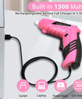 Pink Cordless Mini Screwdriver Kit With 3.7V Rechargeable Power charging via laptop with 1300 mAh battery, flexible shaft visible
