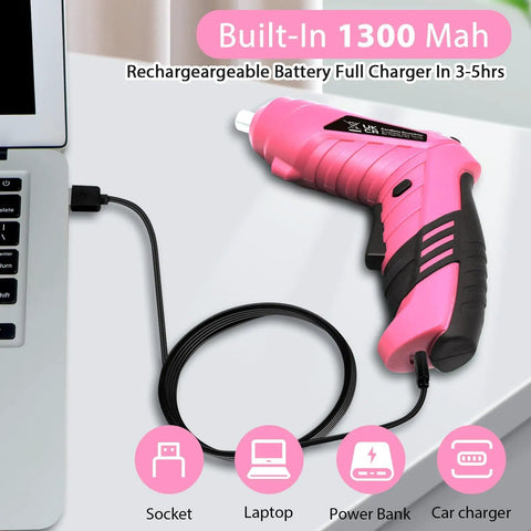 Pink Cordless Mini Screwdriver Kit With 3.7V Rechargeable Power charging via laptop with 1300 mAh battery, flexible shaft visible