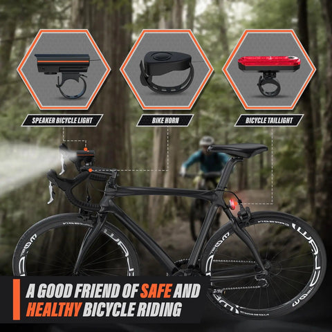Rechargeable Bike Lights Bundle With Headlight And Taillight, Ultra Bright 250LM shown on mountain bike in forest