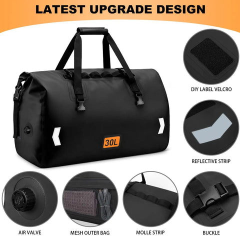 Waterproof 30L Motorcycle Dry Bag With Roll Top Closure Air Valve And Quick Fix Straps Rugged All Weather Gear For Kayaking