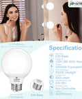 G25 LED globe light bulbs 60W equivalent 5000K daylight E26 base for makeup mirror with specifications and woman applying makeup