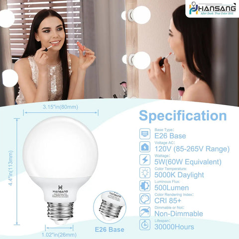 G25 LED globe light bulbs 60W equivalent 5000K daylight E26 base for makeup mirror with specifications and woman applying makeup