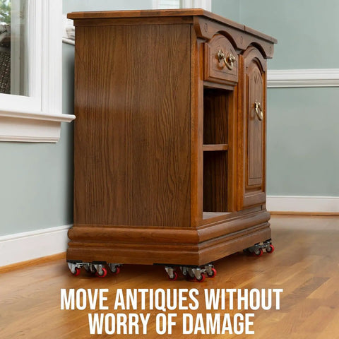 Heavy Duty Furniture Movers Dolly Kit With Double Bearings And Locking Wheels under an antique cabinet for easy sliding.