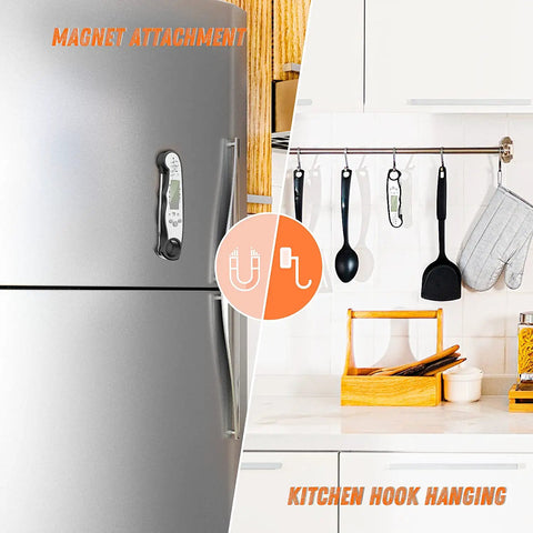 Waterproof Instant-Read Meat Thermometer With Backlight For Grilling And Cooking, magnetically attached to a fridge.
