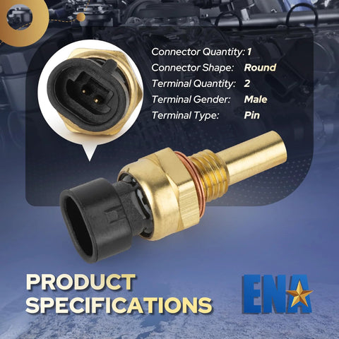 Engine coolant temperature sensor with brass threaded body and black plastic connector; close-up shows two-pin plug