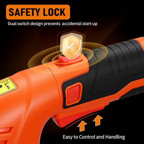 Safety lock feature on cordless 2 in 1 hedge trimmer and grass cutter showing dual switch design for safe handling