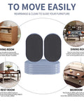 No Sweat Heavy Duty Furniture Movers Sliders 8 Pack For Carpet And Hardwood Floors oval pads shown in living room, dining room, rest room, and bedroom.