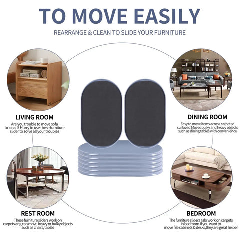 No Sweat Heavy Duty Furniture Movers Sliders 8 Pack For Carpet And Hardwood Floors oval pads shown in living room, dining room, rest room, and bedroom.