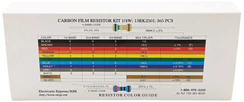 Resistor Kit 365 Piece One Quarter Watt Carbon Film With Color Guide And Reference Guide On Cardboard Storage Box Cover