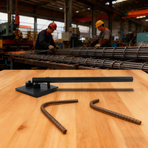Heavy Duty Manual Rebar Bender, Portable Hand Held Steel Bar Bending Tool For 180 Degree Curve on wooden table.
