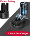 Image of 2000mAh battery and charger for Three Eighths Inch Cordless Ratchet Wrench Set With Extended Reach And Up To Forty Foot Pounds Of Torque, Adjustable Speed Up To Two Hundred Eighty RPM, Including Seven Sockets, Two Screwdrivers, One Extender, And A Quarter Inch Adapter.