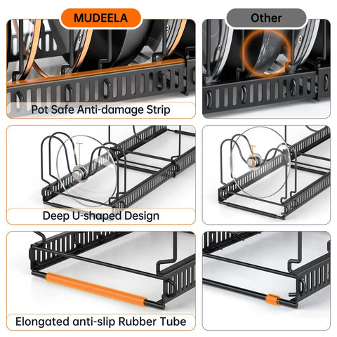 Zero Hassle Expandable Pot And Pan Lid Organizer Rack For Kitchen Cabinets With Ten Snap Tight Dividers To Store Skillets Cutting Boards And Heavy Cookware Clean with anti-damage strip and deep design.