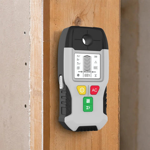 6-in-1 Stud Finder Wall Scanner Metal Detector LCD Display(Grey) on wooden wall, showing LCD interface and buttons.