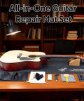Ultimate Guitar Care Kit With Felt Work Mat Neck Rest String Winder Fret Polishing Tools displayed on a desk