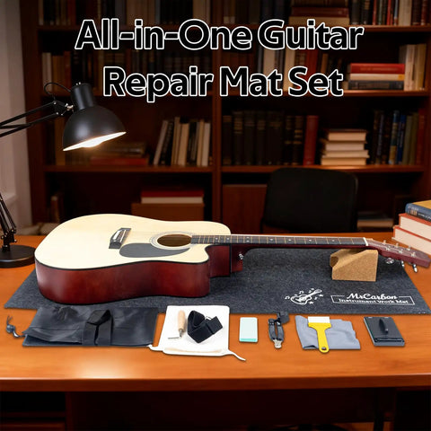 Ultimate Guitar Care Kit With Felt Work Mat Neck Rest String Winder Fret Polishing Tools displayed on a desk