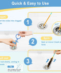 Step-by-step guide for 50 Inch Reusable Drain Snake 3 Pack Tough Nylon Hooks demonstrating clog removal process.