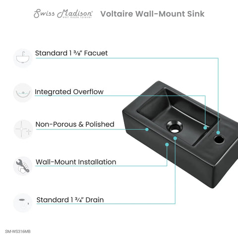 Diagram of 19.5 by 10 inch rectangular ceramic wall-hung sink with right-side faucet mount matte black finish showcasing features