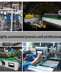 Collage of automated industrial machines with professional team operating various equipment in a factory setting.