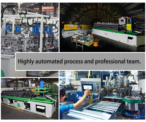 Collage of automated industrial machines with professional team operating various equipment in a factory setting.